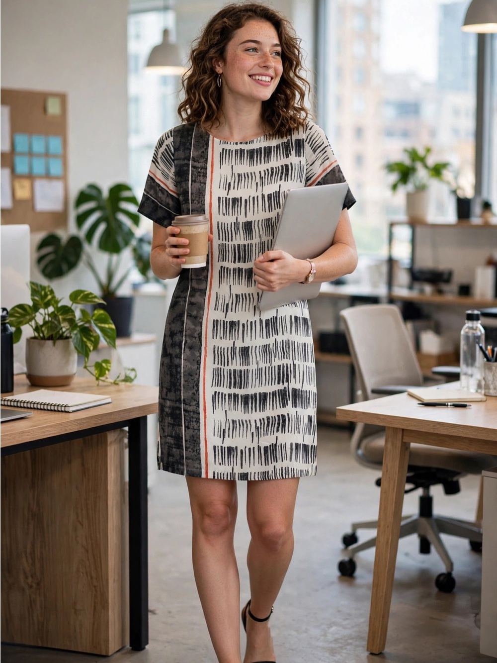 LOFT Black, White & Orange-Trim Printed Short Sleeve Shift Dress